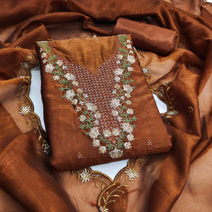 Brown Floral Embroidered Art Silk Suit Material Ideal for Festive and Celebration Looks