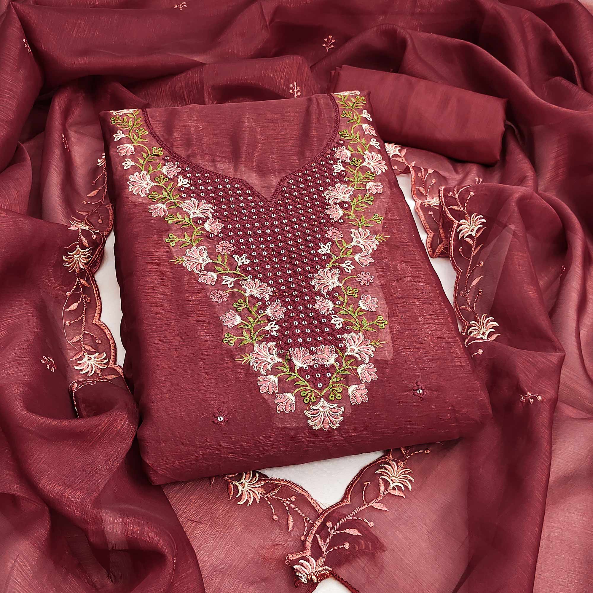 Maroon Floral Embroidered Art Silk Suit Material Ideal for Festive and Celebration Looks