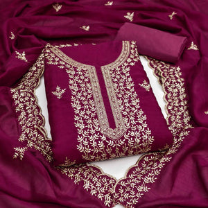 Elegant Dark Rani Pink Zari Embroidery & Sequins Embellished Vichitra Silk Dress Material