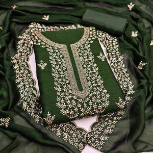 Elegant Green Zari Embroidery & Sequins Embellished Vichitra Silk Dress Material