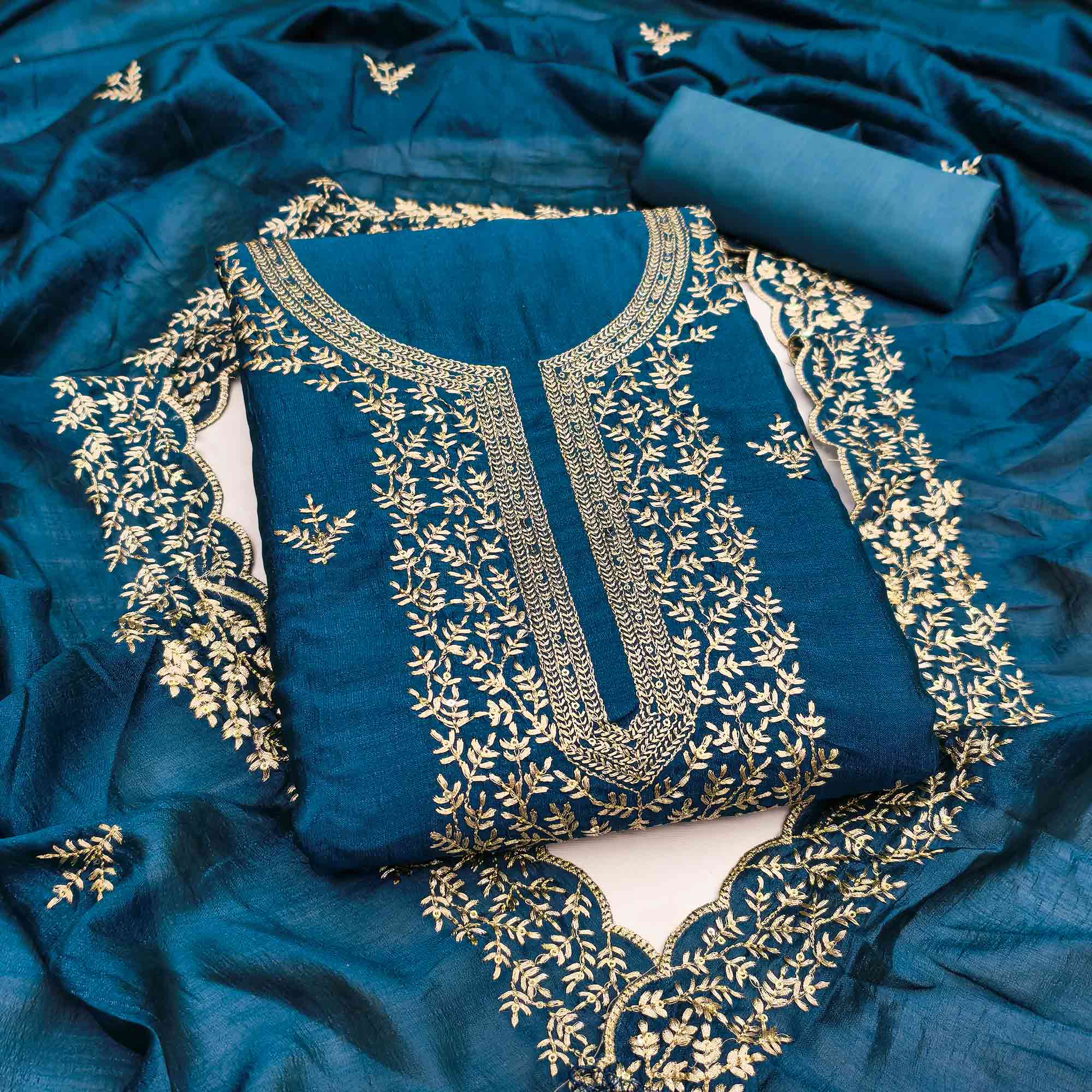 Elegant Morpich Blue Zari Embroidery & Sequins Embellished Vichitra Silk Dress Material