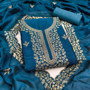 Elegant Morpich Blue Zari Embroidery & Sequins Embellished Vichitra Silk Dress Material