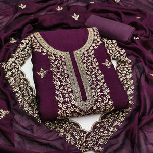 Elegant Wine Zari Embroidery & Sequins Embellished Vichitra Silk Dress Material