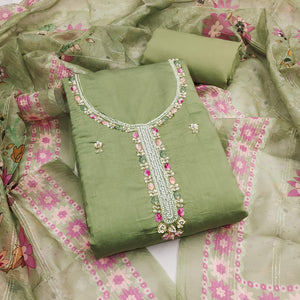 Green Embroidered Chanderi Silk Unstitched Dress Material with Delicate Beads Work