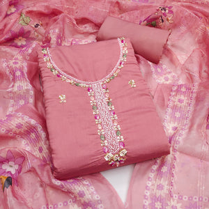 Rose Pink Embroidered Chanderi Silk Unstitched Dress Material with Delicate Beads Work