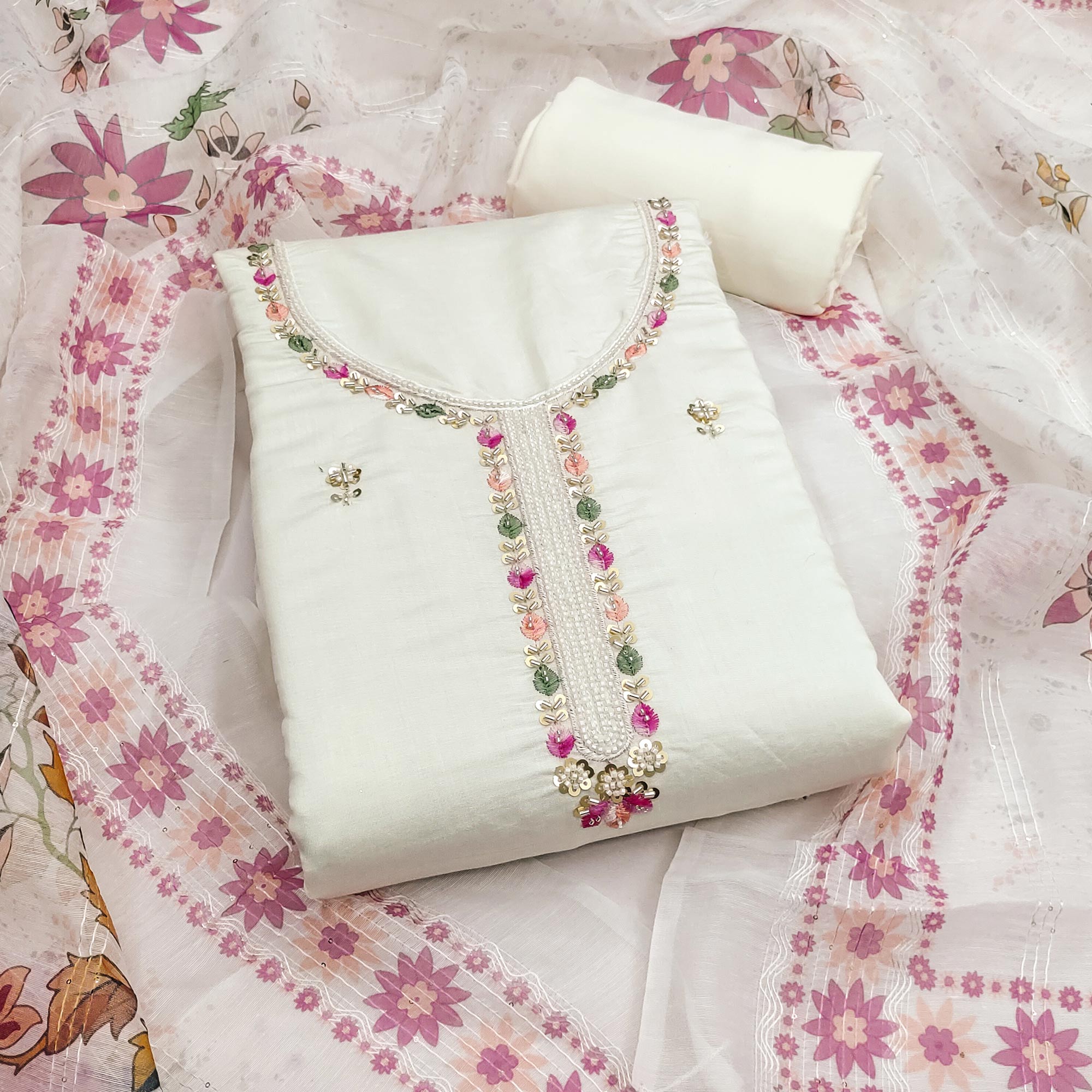 White Embroidered Chanderi Silk Unstitched Dress Material with Delicate Beads Work