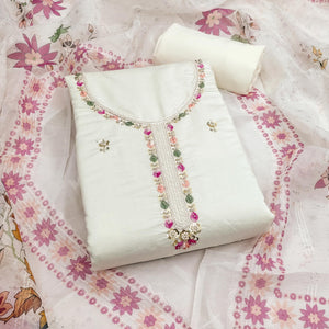White Embroidered Chanderi Silk Unstitched Dress Material with Delicate Beads Work