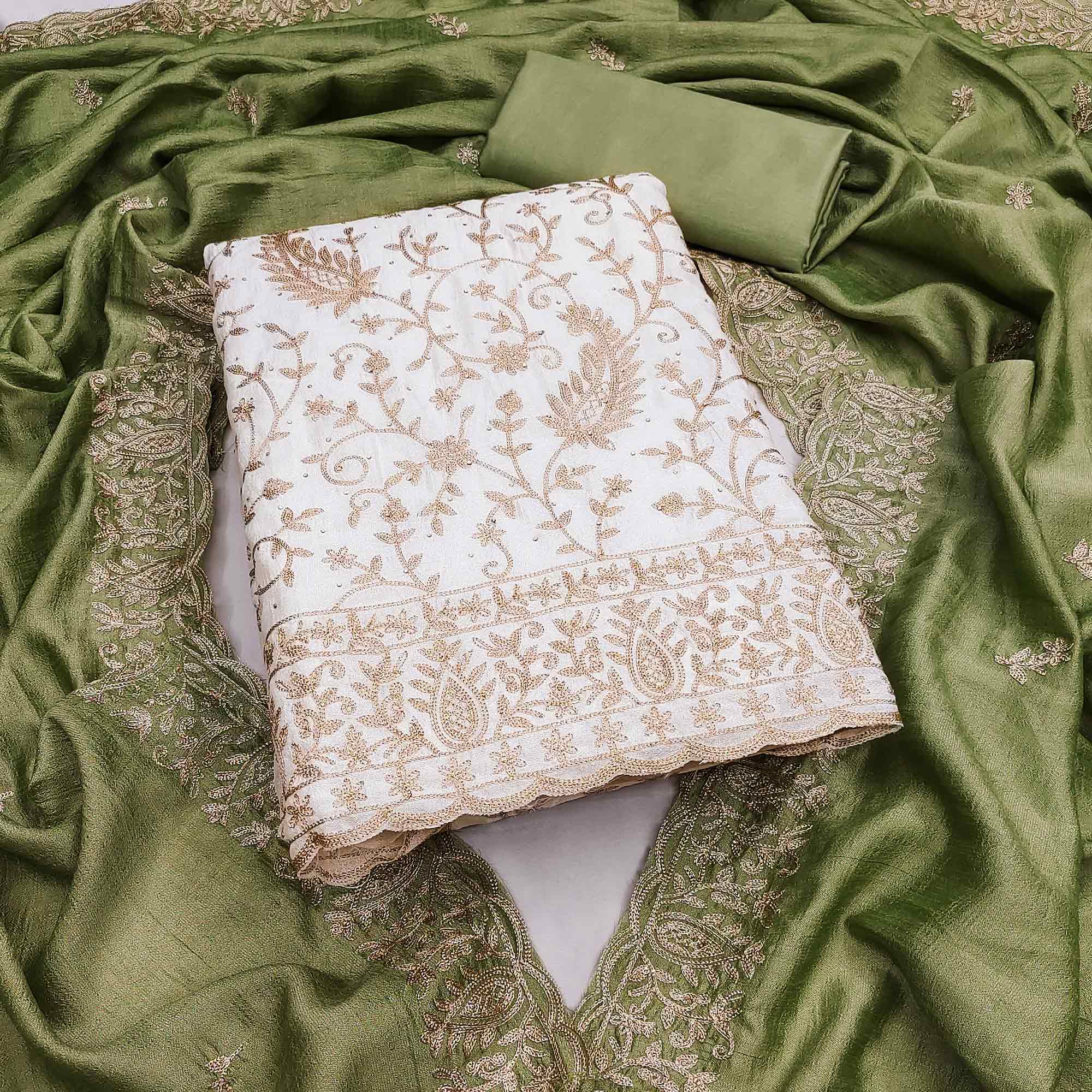 Cream & Green Lustrous Vichitra Silk Dress Material Accented with Artistic Thread Embroidery