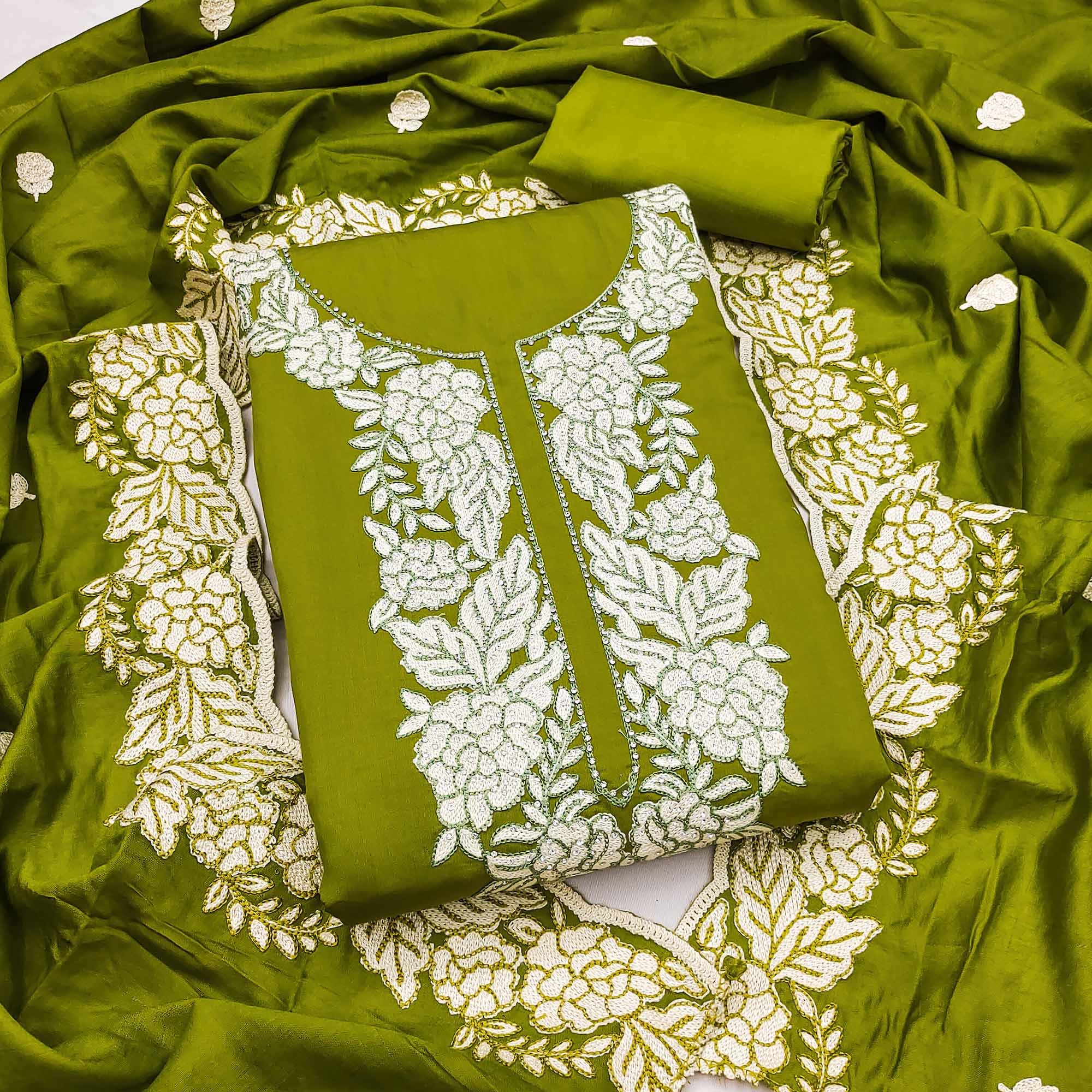 Mehendi Green Rich Viscose Dress Material Highlighted with Refined Floral Thread Embroidery