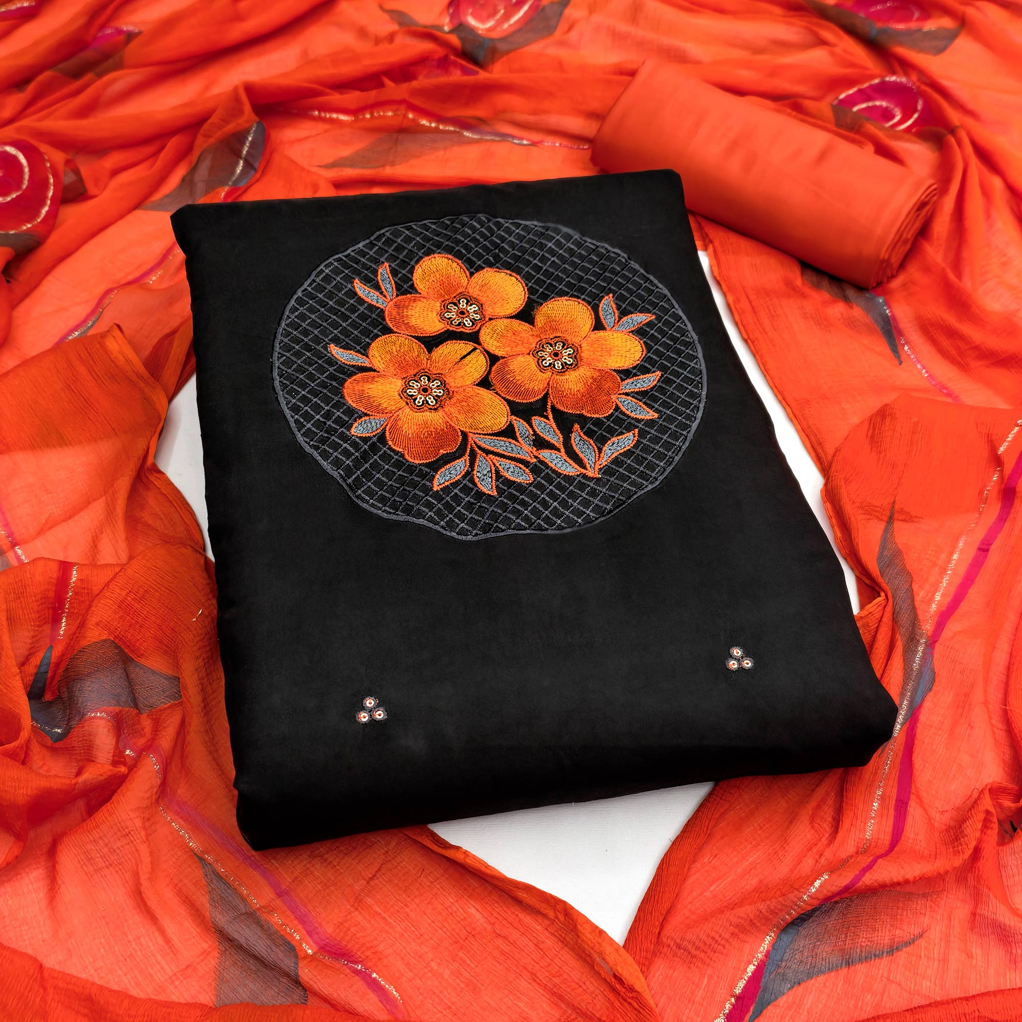 Black Designer Viscose Dress Material Featuring Intricate Floral Embroidered Detailing