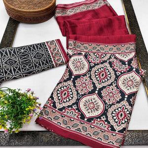 Maroon Premium Crepe Silk Lightweight Saree Adorned with Classic Ajrakh Patterns