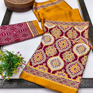 Mustard Premium Crepe Silk Lightweight Saree Adorned with Classic Ajrakh Patterns