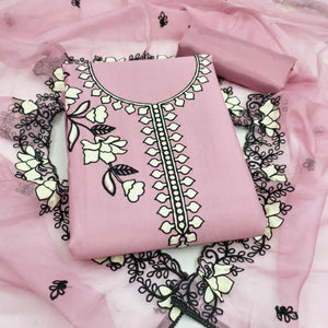 Graceful Onion Pink Floral Viscose Dress Material Enhanced With Intricate Thread Embroidery Work