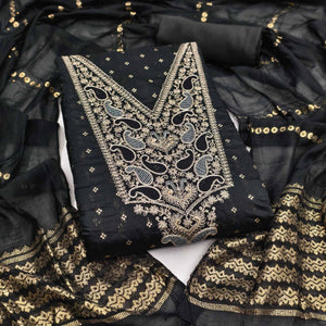 Black Weaving Chanderi Silk Dress Material Adorned With Cording Embroidery & Sequins Work