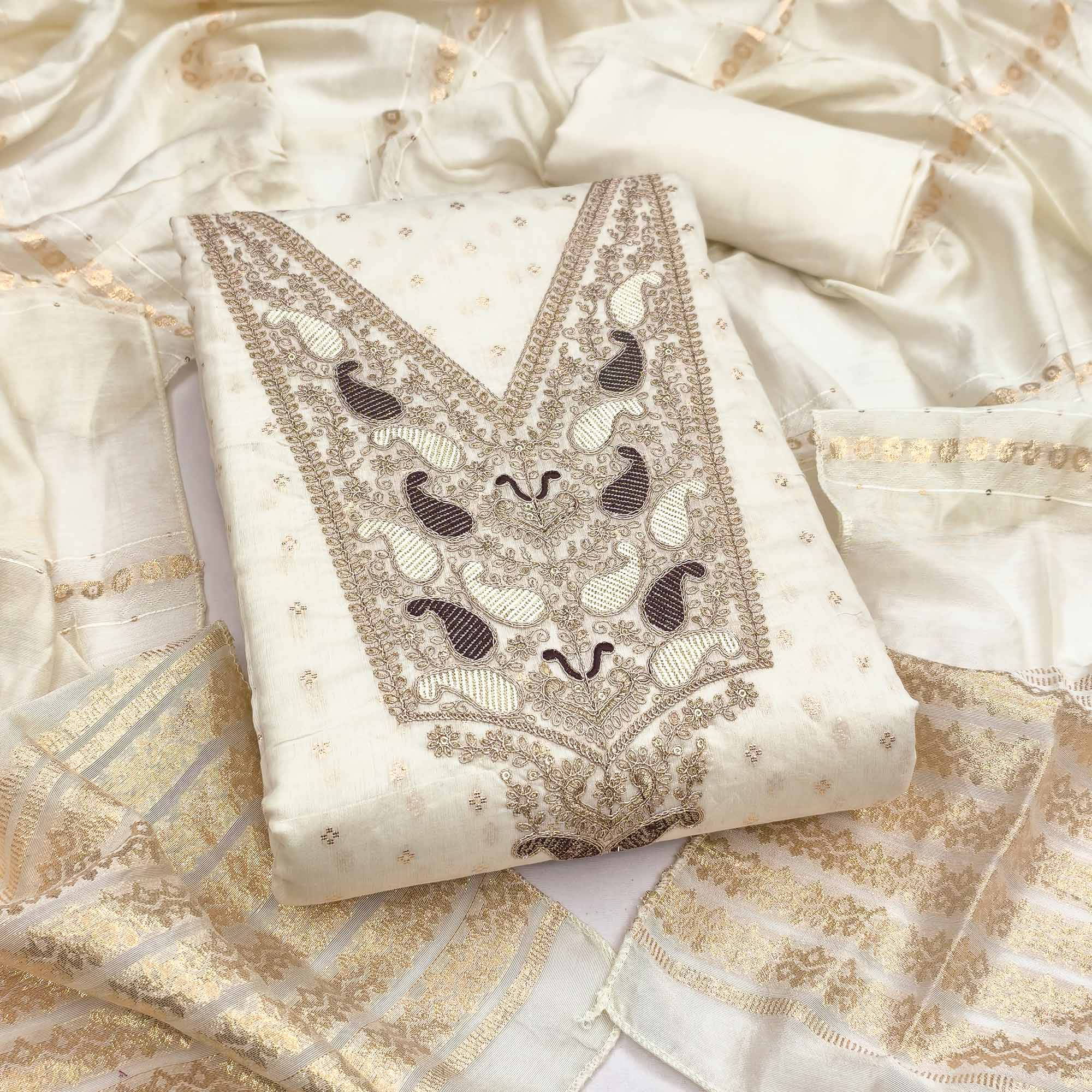 Cream Weaving Chanderi Silk Dress Material Adorned With Cording Embroidery & Sequins Work