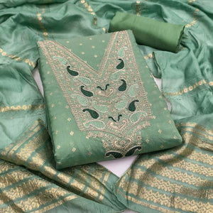 Green Weaving Chanderi Silk Dress Material Adorned With Cording Embroidery & Sequins Work