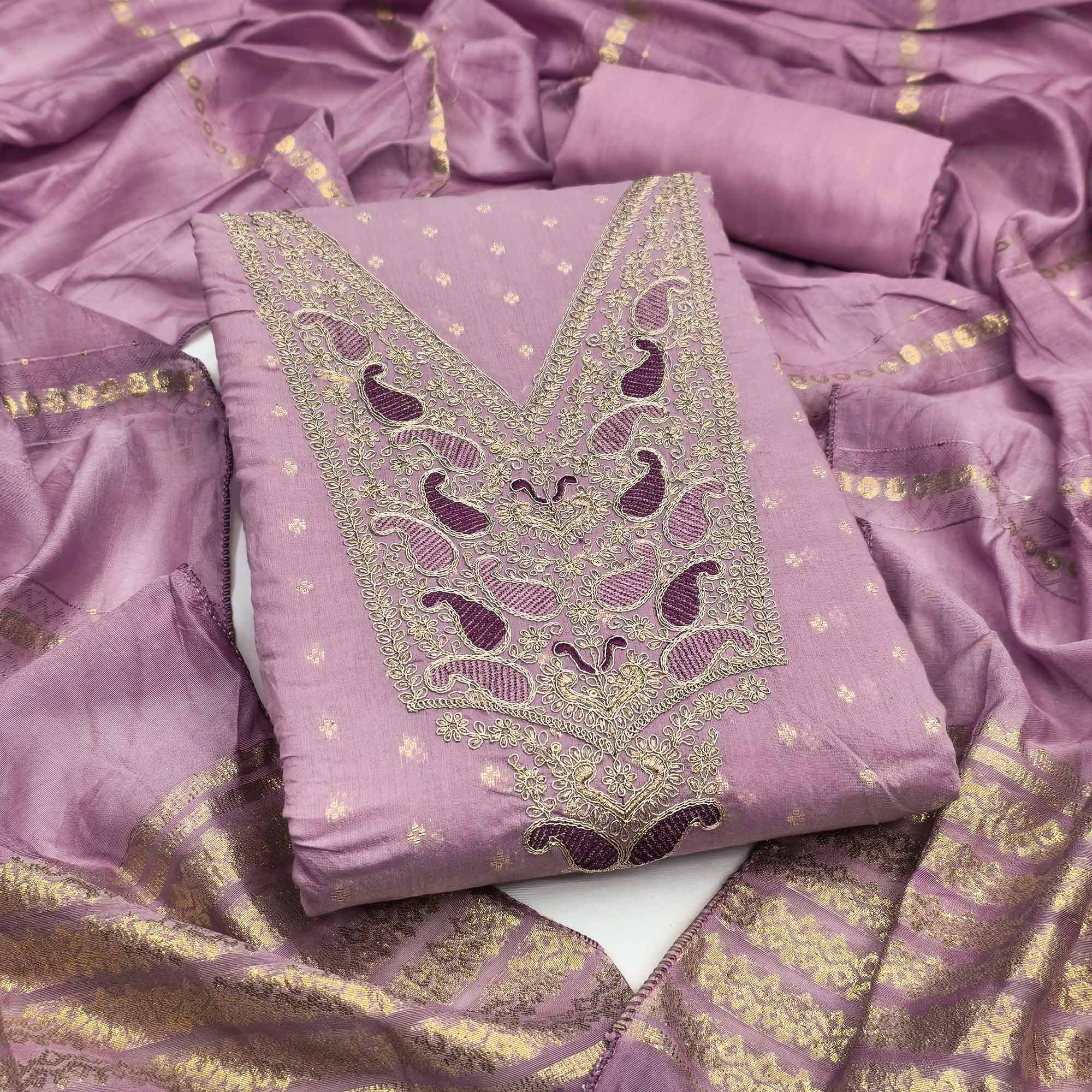 Lavender Weaving Chanderi Silk Dress Material Adorned With Cording Embroidery & Sequins Work