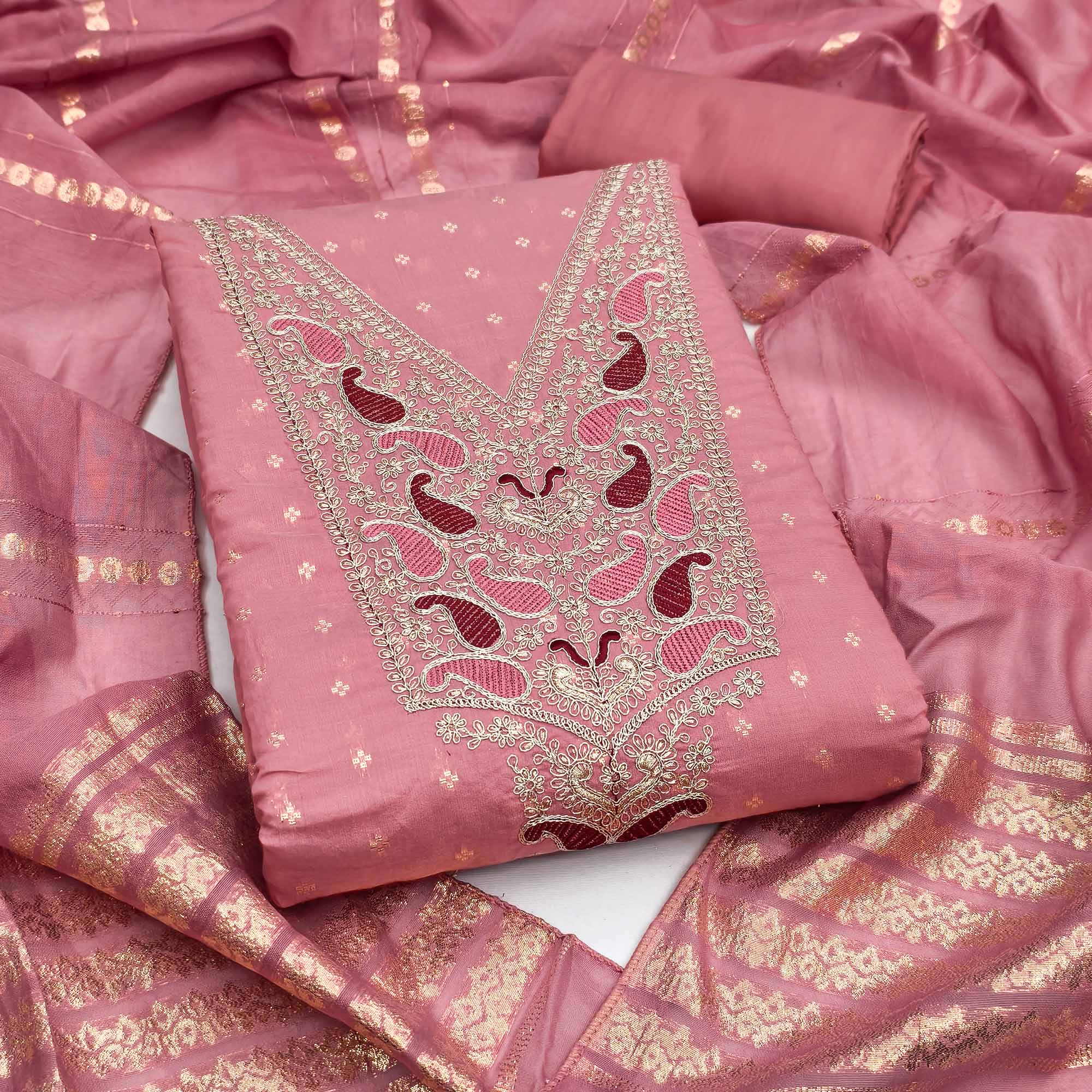 Peach Weaving Chanderi Silk Dress Material Adorned With Cording Embroidery & Sequins Work