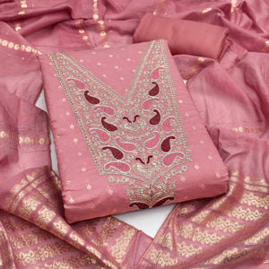 Peach Weaving Chanderi Silk Dress Material Adorned With Cording Embroidery & Sequins Work