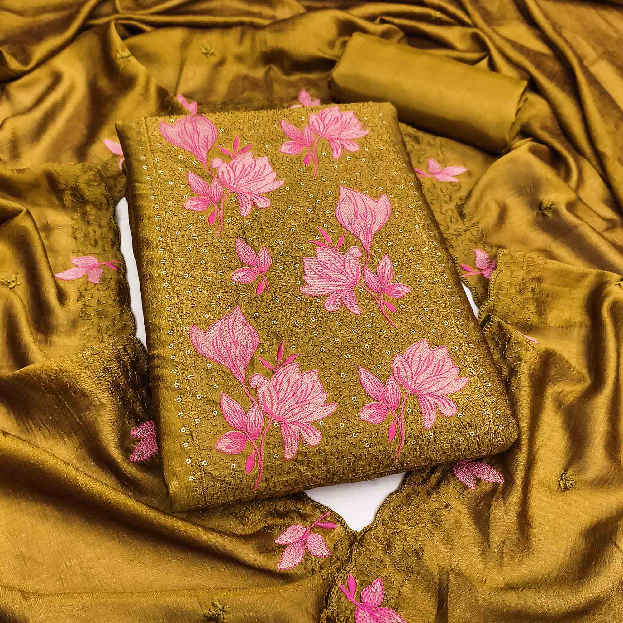 Mustard Floral Embroidered Vichitra Silk Dress Material for Elegant Ethnic Styling