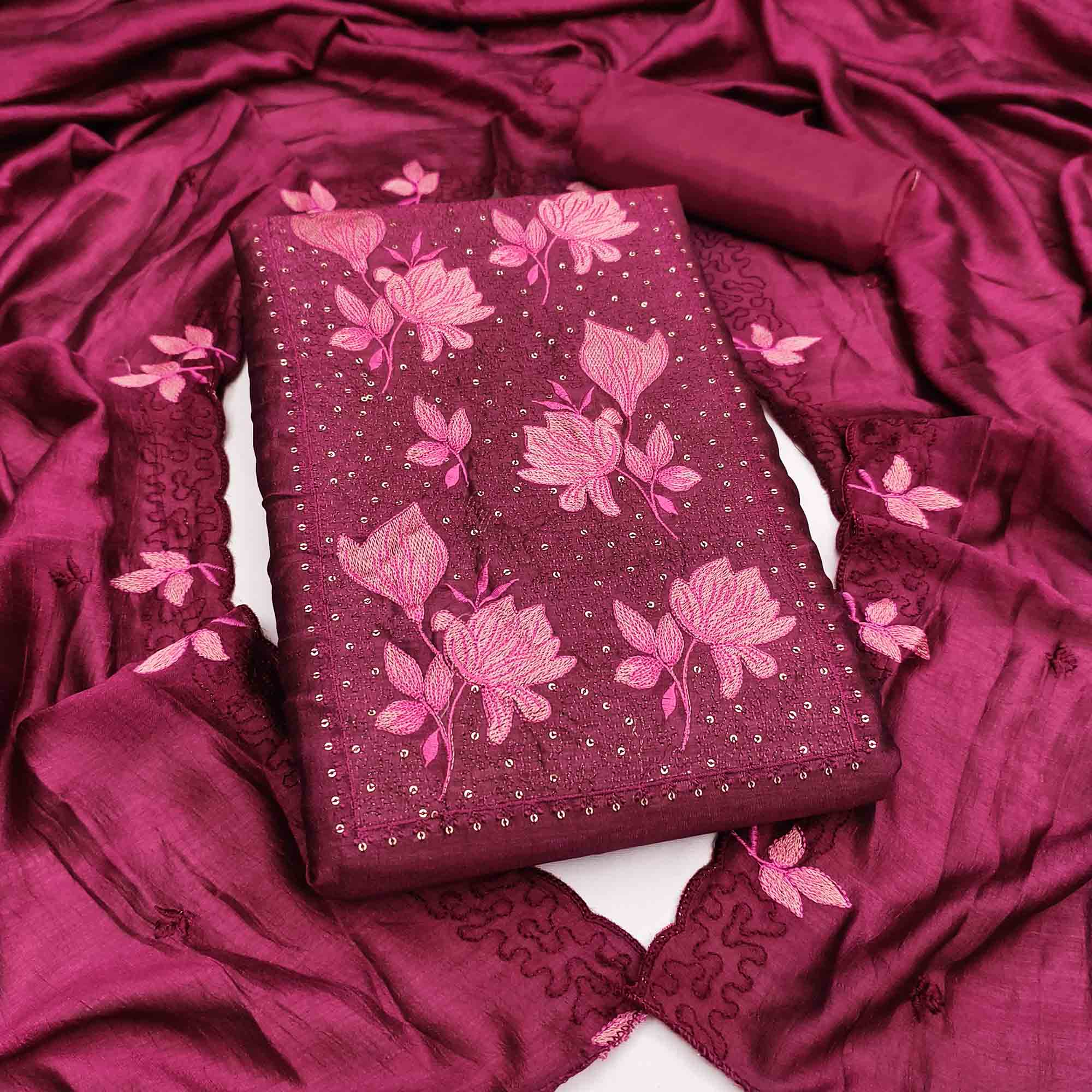 Wine Floral Embroidered Vichitra Silk Dress Material for Elegant Ethnic Styling