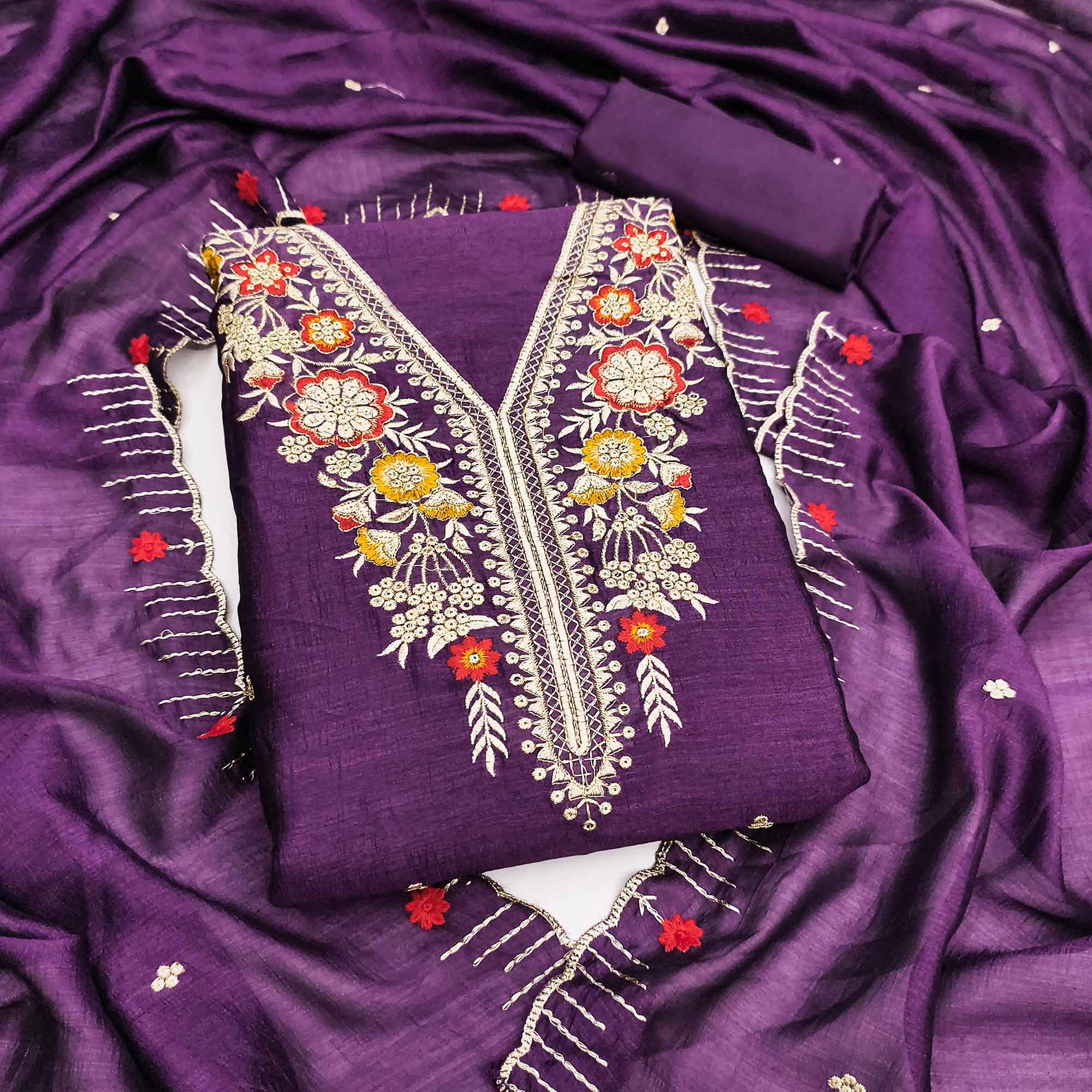 Purple Premium Vichitra Silk Dress Material Featuring Delicate Floral Embroidered Detailing