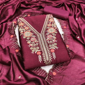 Wine Premium Vichitra Silk Dress Material Featuring Delicate Floral Embroidered Detailing