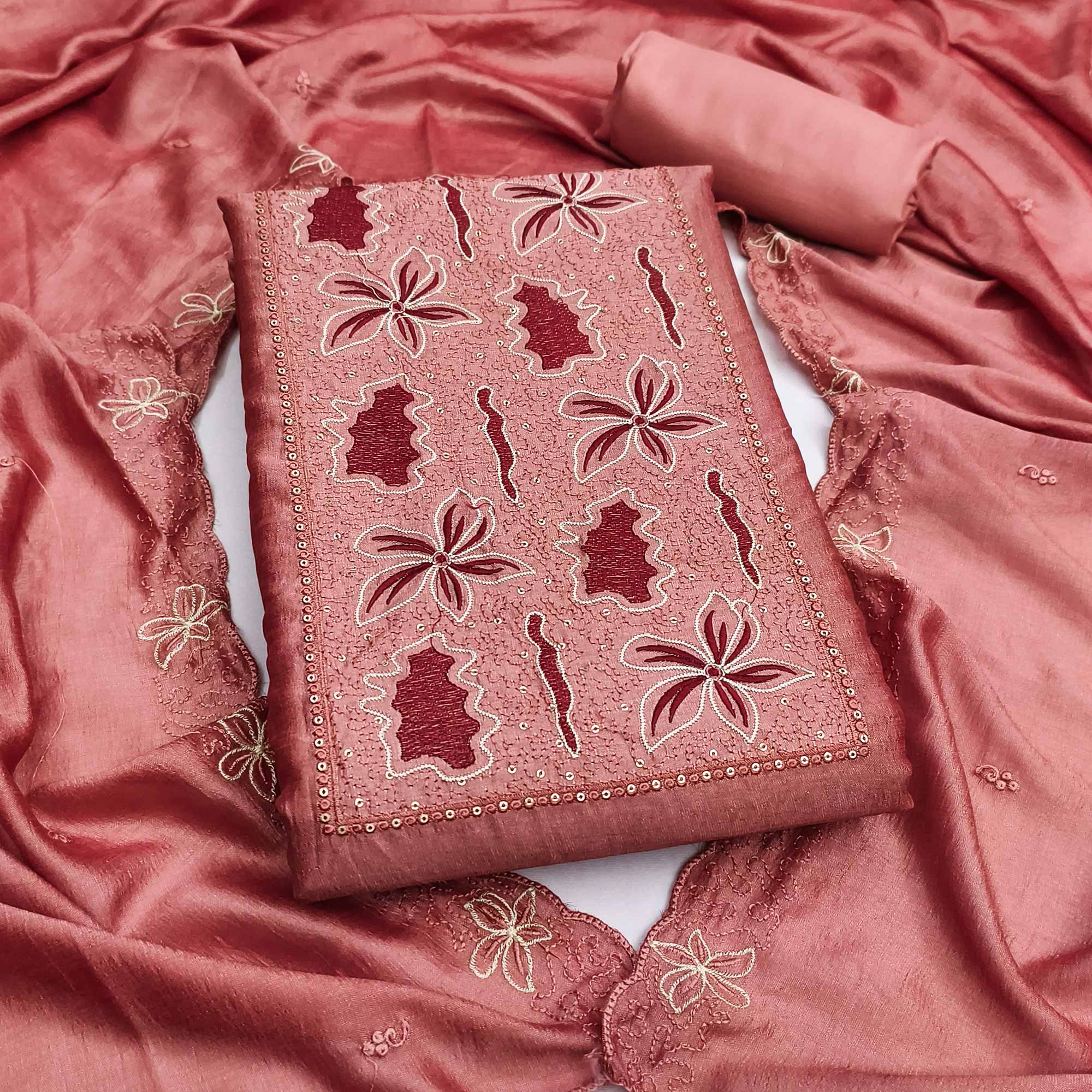 Peach Floral Embroidery Enhanced Vichitra Silk Fabric Set for Stylish Traditional Outfits