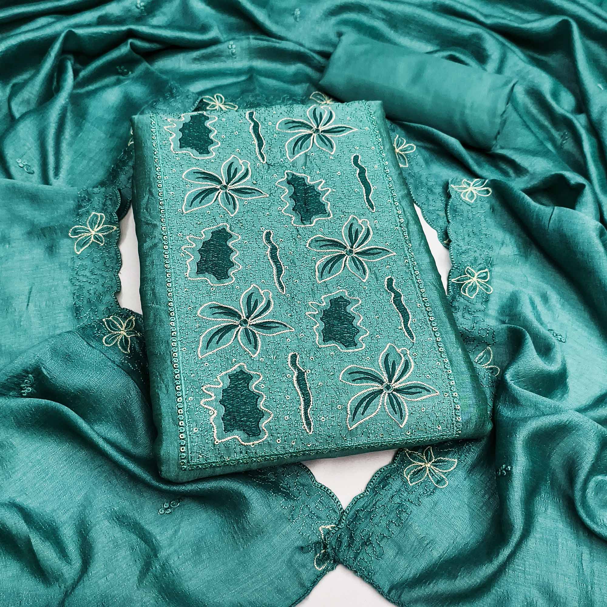 Teal Green Floral Embroidery Enhanced Vichitra Silk Fabric Set for Stylish Traditional Outfits