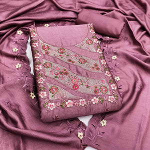 Mauve Embellished Vichitra Silk Dress Material with Graceful Floral Embroidery Work