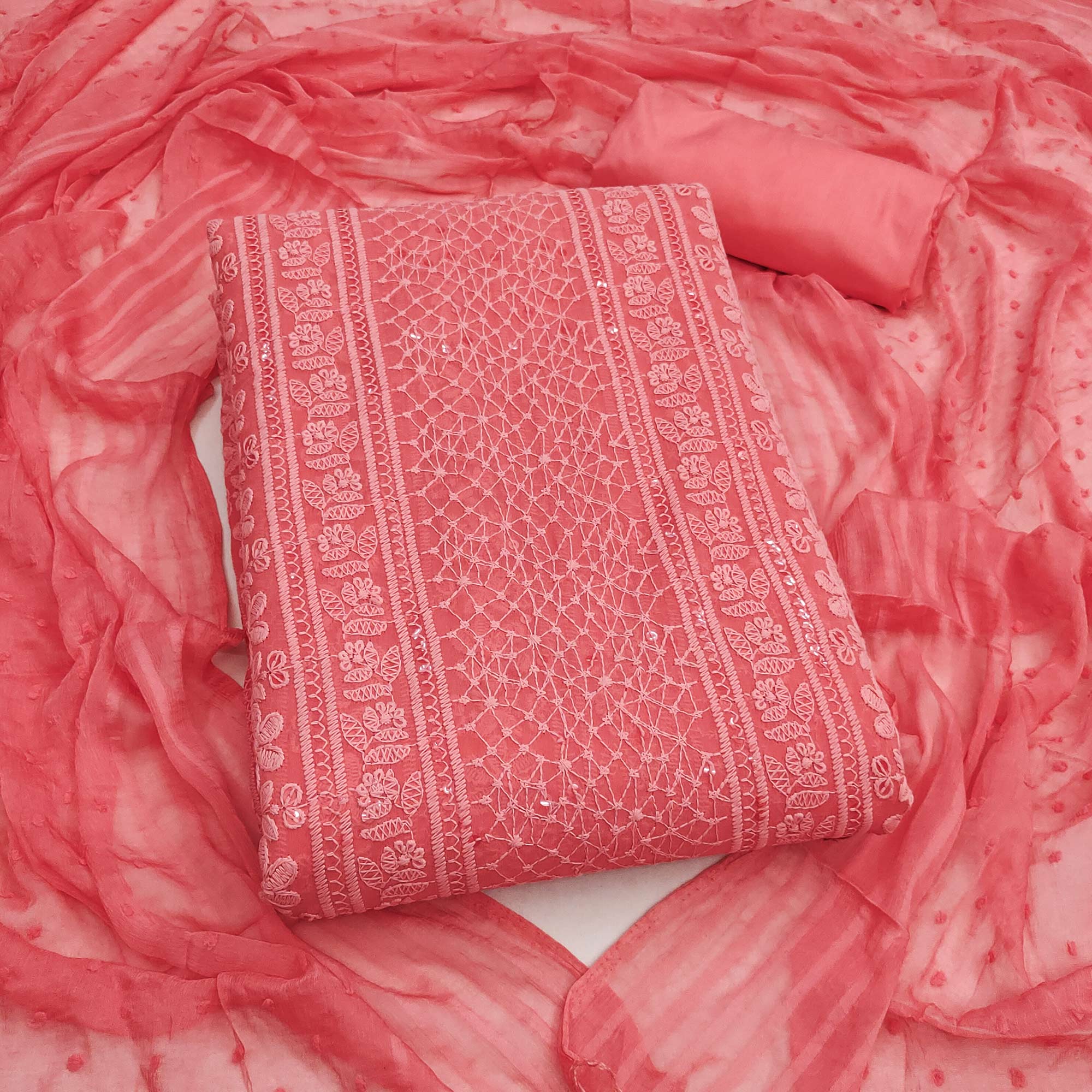 Elegant Coral Pink Floral Embroidered Georgette Dress Material With Delicate Sequins Accents