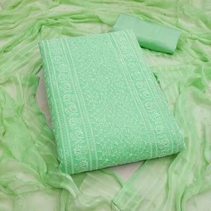 Elegant Green Floral Embroidered Georgette Dress Material With Delicate Sequins Accents