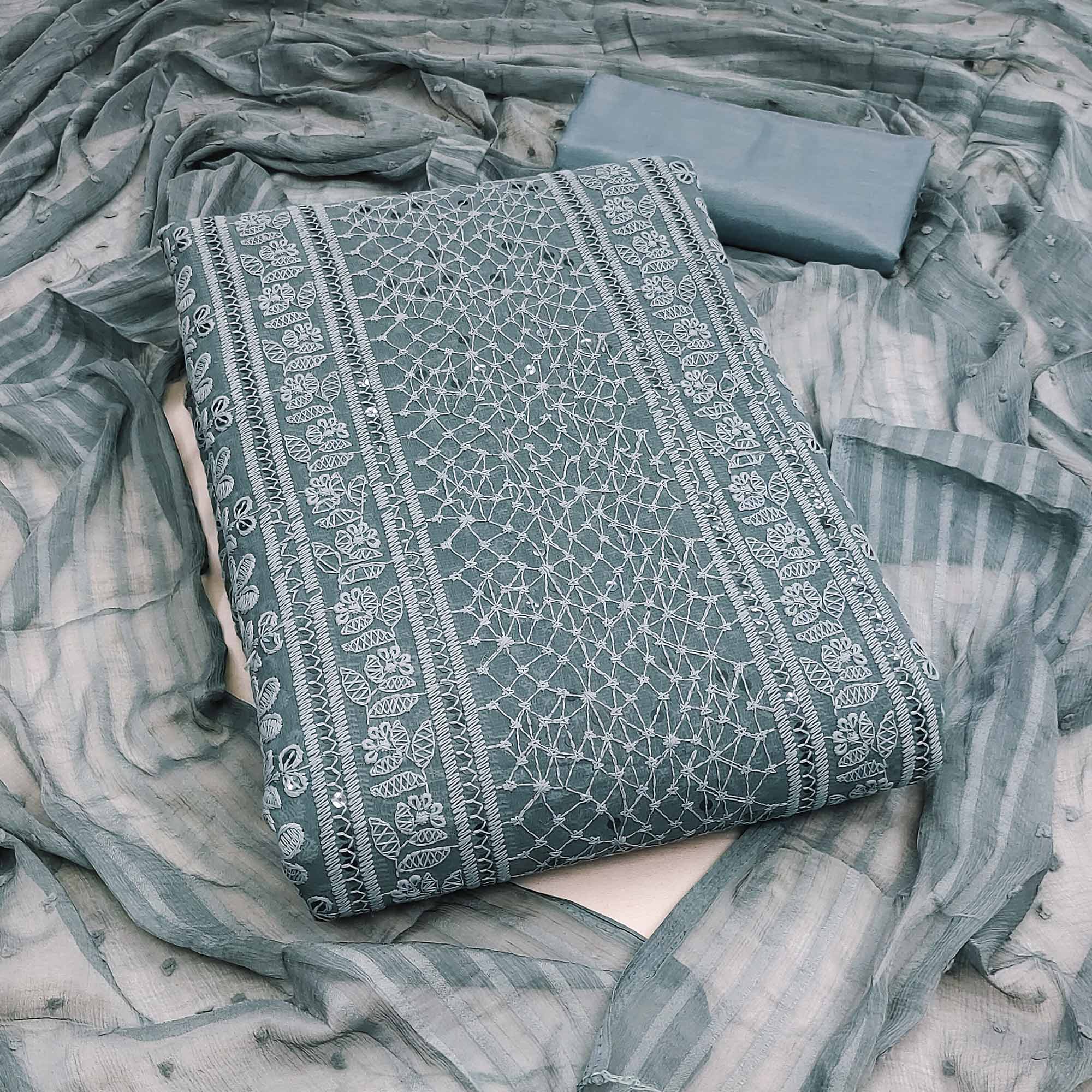 Elegant Grey Floral Embroidered Georgette Dress Material With Delicate Sequins Accents