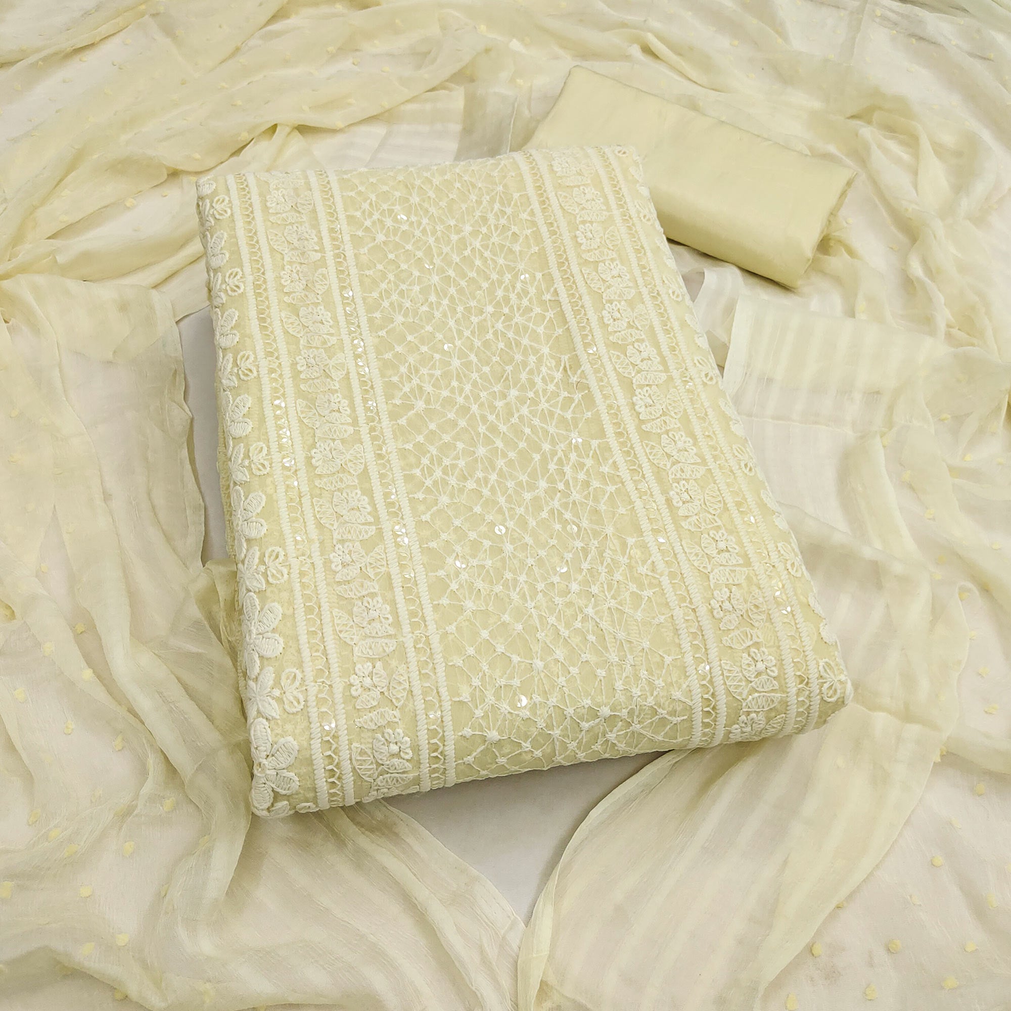 Elegant Light Yellow Floral Embroidered Georgette Dress Material With Delicate Sequins Accents