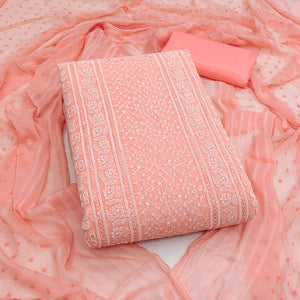 Elegant Peach Floral Embroidered Georgette Dress Material With Delicate Sequins Accents