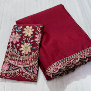 Maroon Solid Georgette Saree With Embroidered Blouse Piece And Embroidered Border