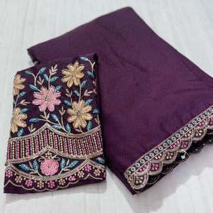 Purple Solid Georgette Saree With Embroidered Blouse Piece And Embroidered Border