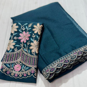 Teal Solid Georgette Saree With Embroidered Blouse Piece And Embroidered Border