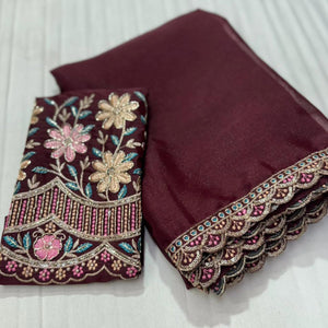 Wine Solid Georgette Saree With Embroidered Blouse Piece And Embroidered Border