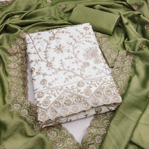 Off White Green Thread Motifs Vichitra Silk Unstitched Salwar Material
