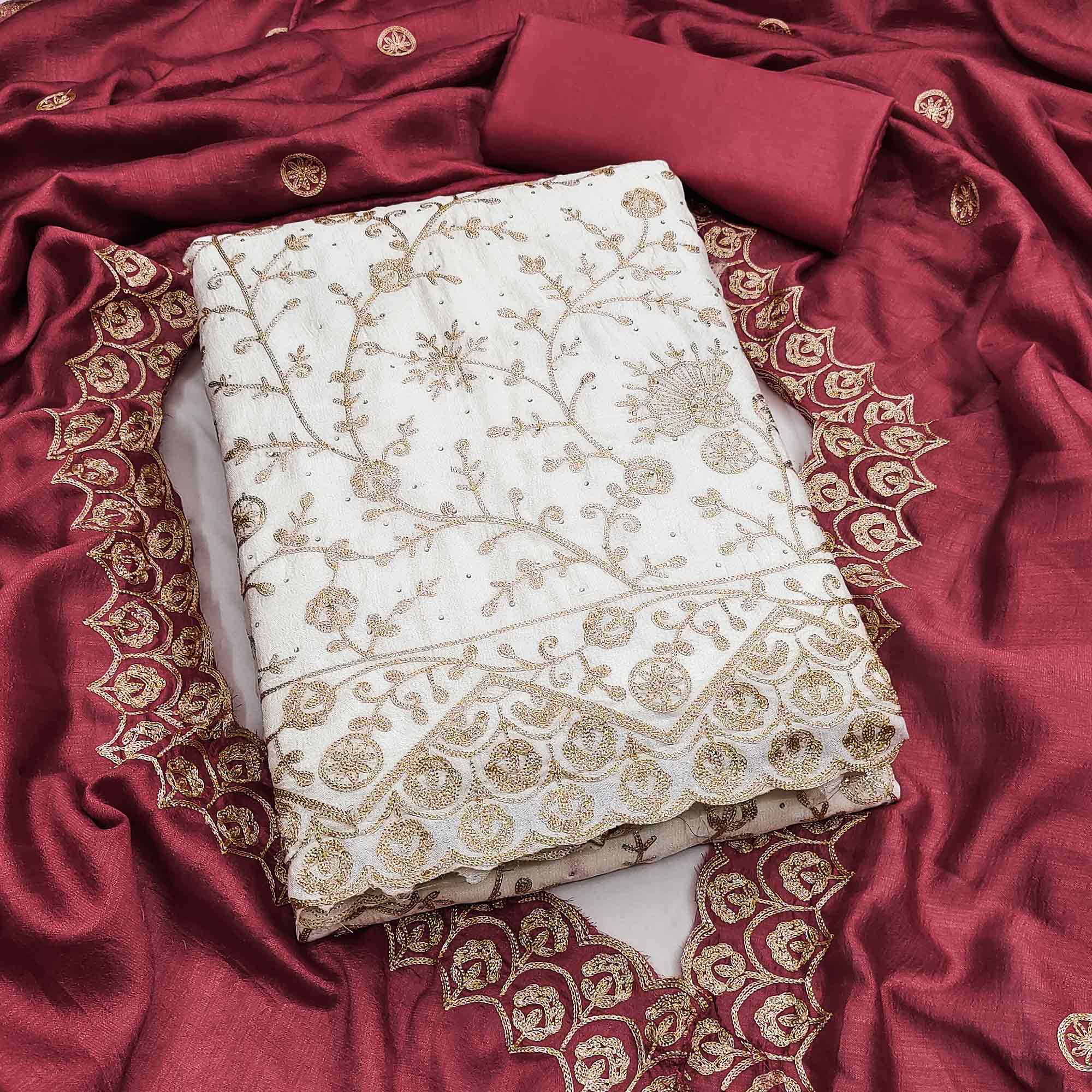 Off White Maroon Thread Motifs Vichitra Silk Unstitched Salwar Material