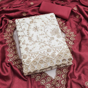 Off White Maroon Thread Motifs Vichitra Silk Unstitched Salwar Material
