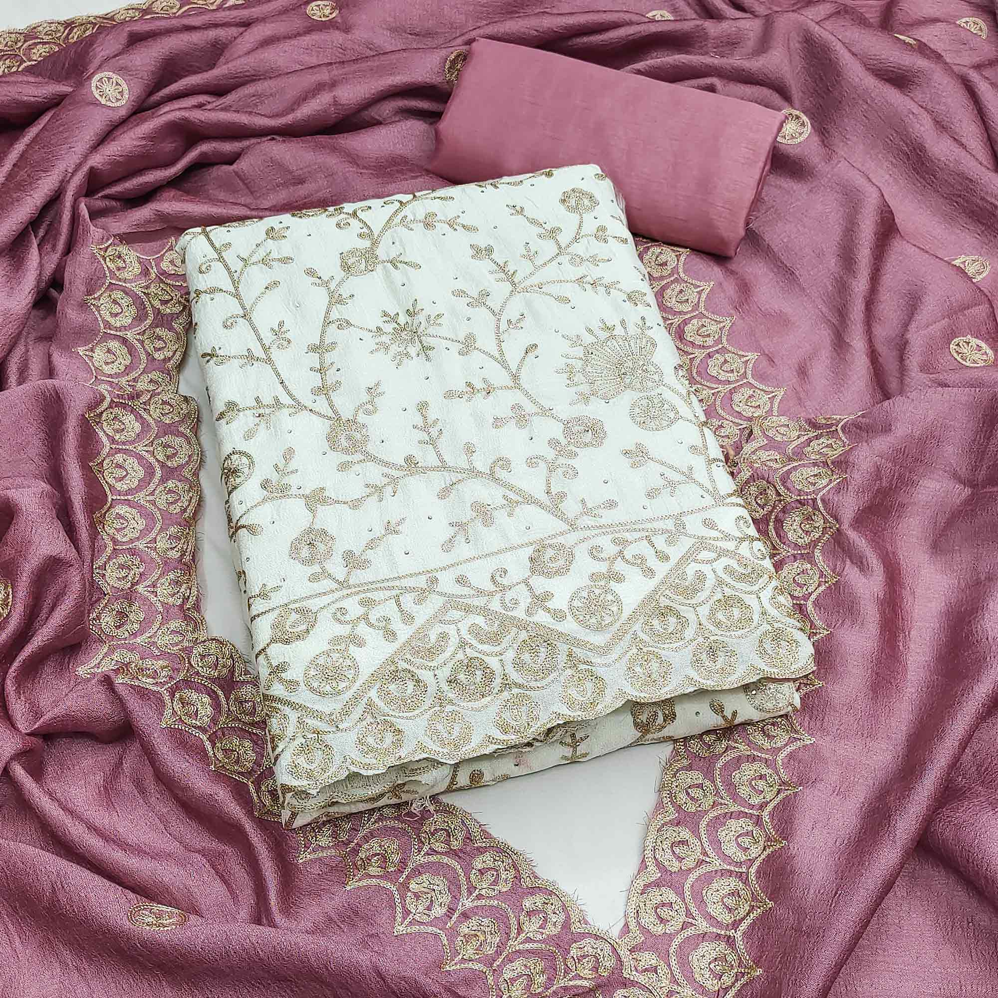 Off White Pink Thread Motifs Vichitra Silk Unstitched Salwar Material