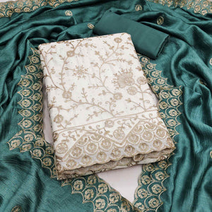 Off White Teal Thread Motifs Vichitra Silk Unstitched Salwar Material