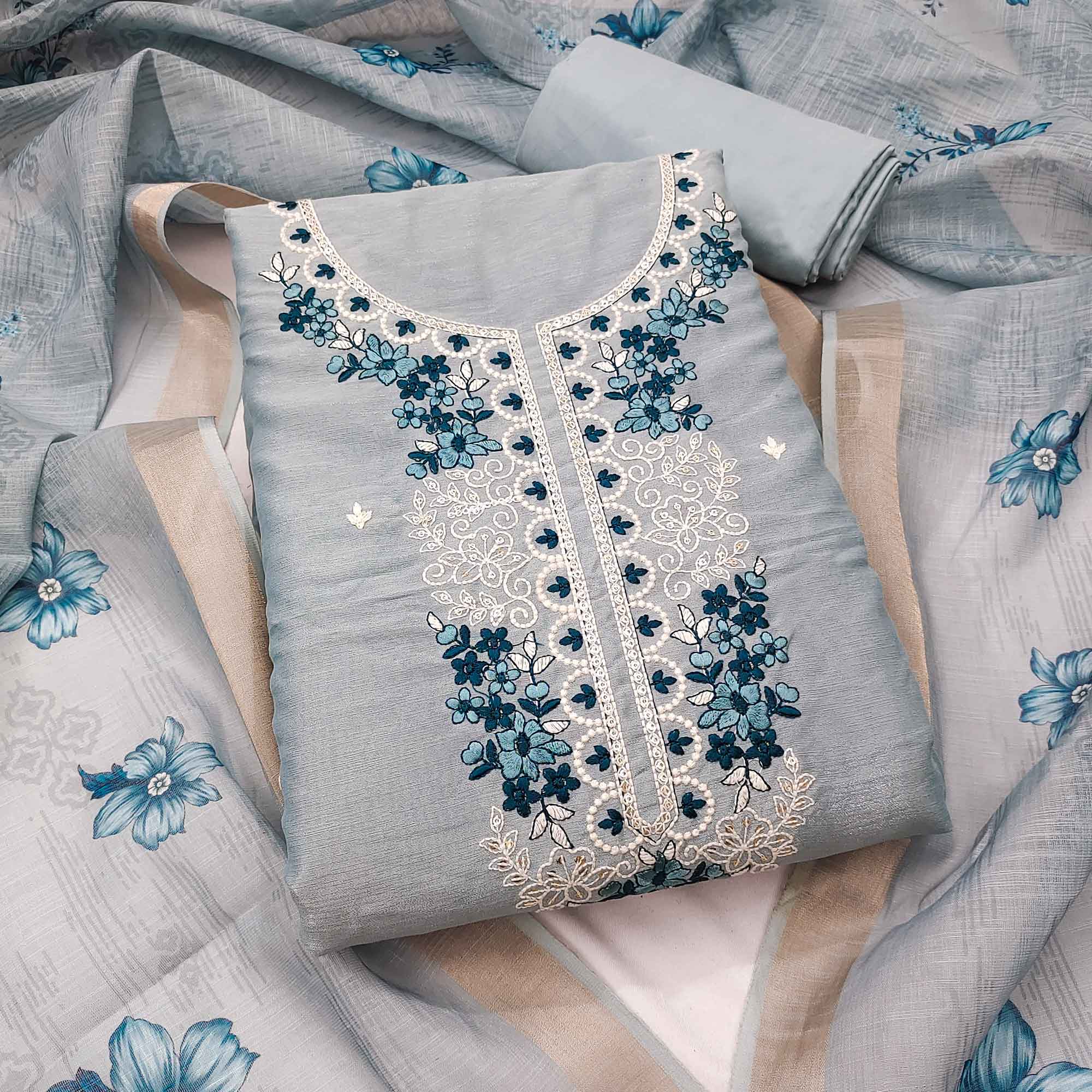 Elegant Sky Blue Floral Thread Embroidered Art Silk Dress Material Adorned With Shimmering Sequins