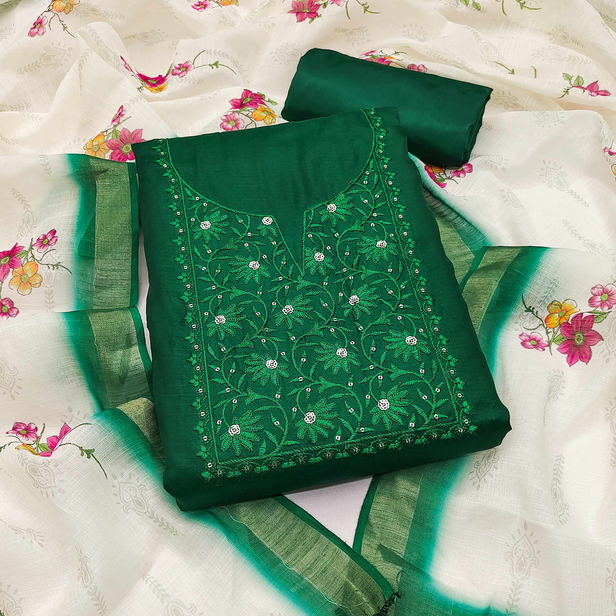 Elegant Green Floral Thread Embroidered Tussar Silk Dress Material Adorned with Sequins Work