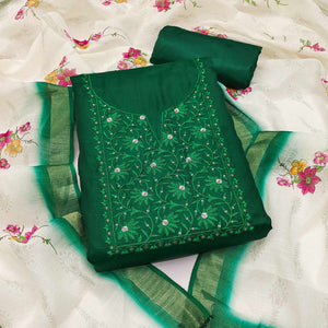 Elegant Green Floral Thread Embroidered Tussar Silk Dress Material Adorned with Sequins Work