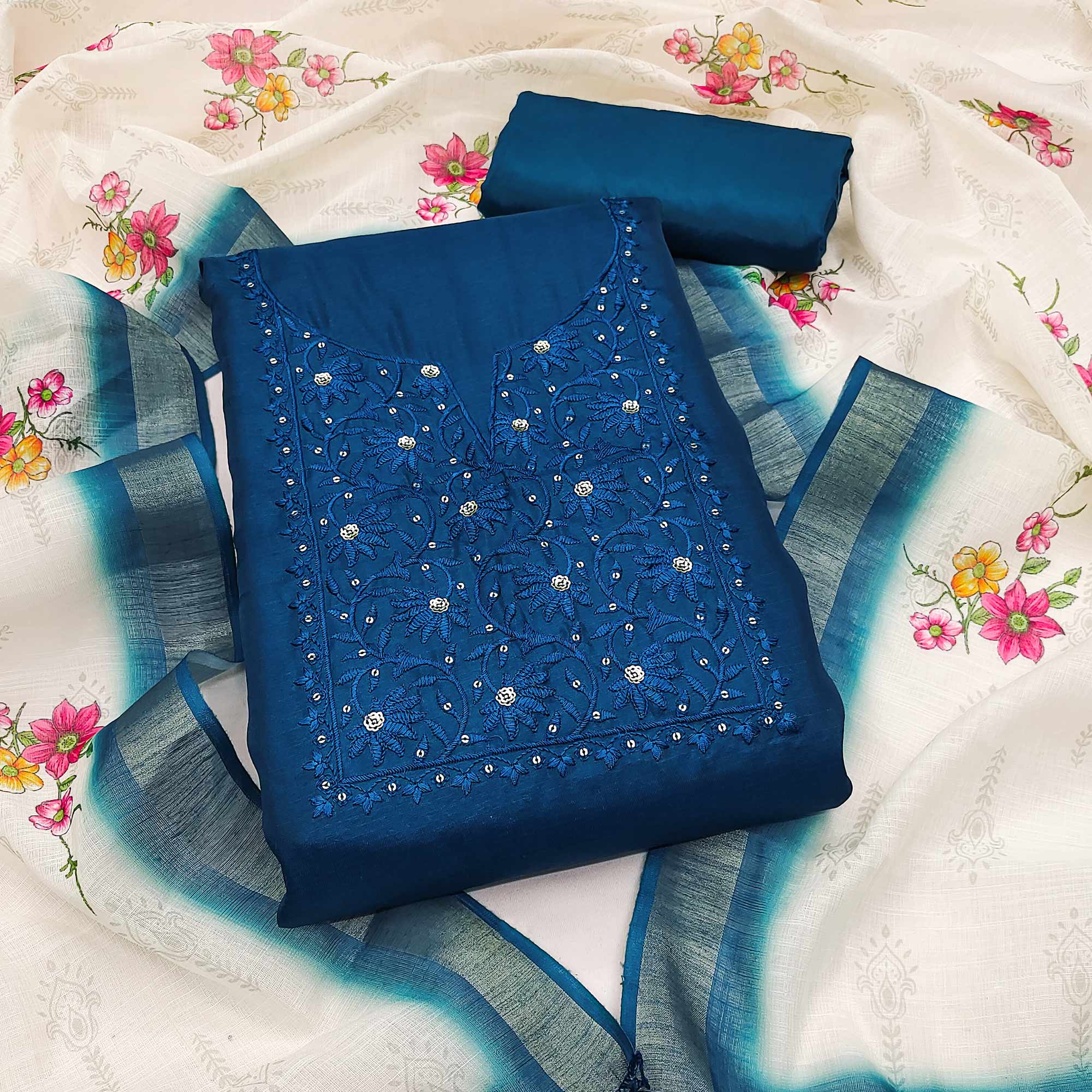 Elegant Morpich Blue Floral Thread Embroidered Tussar Silk Dress Material Adorned with Sequins Work