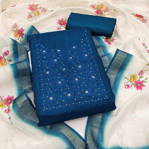 Elegant Morpich Blue Floral Thread Embroidered Tussar Silk Dress Material Adorned with Sequins Work