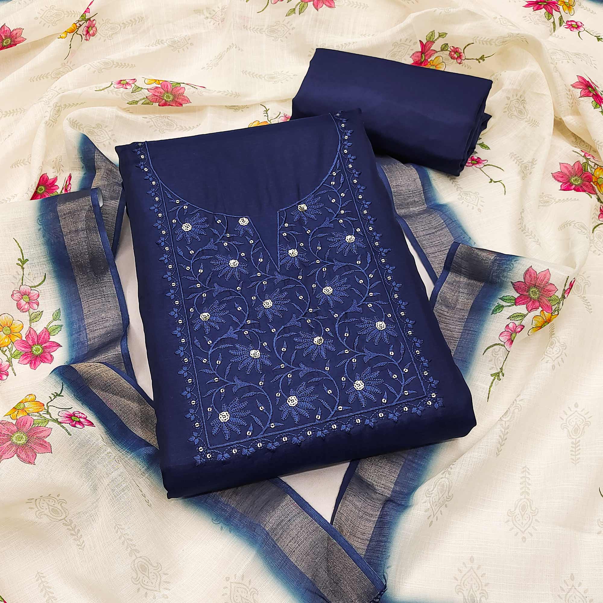 Elegant Navy Blue Floral Thread Embroidered Tussar Silk Dress Material Adorned with Sequins Work